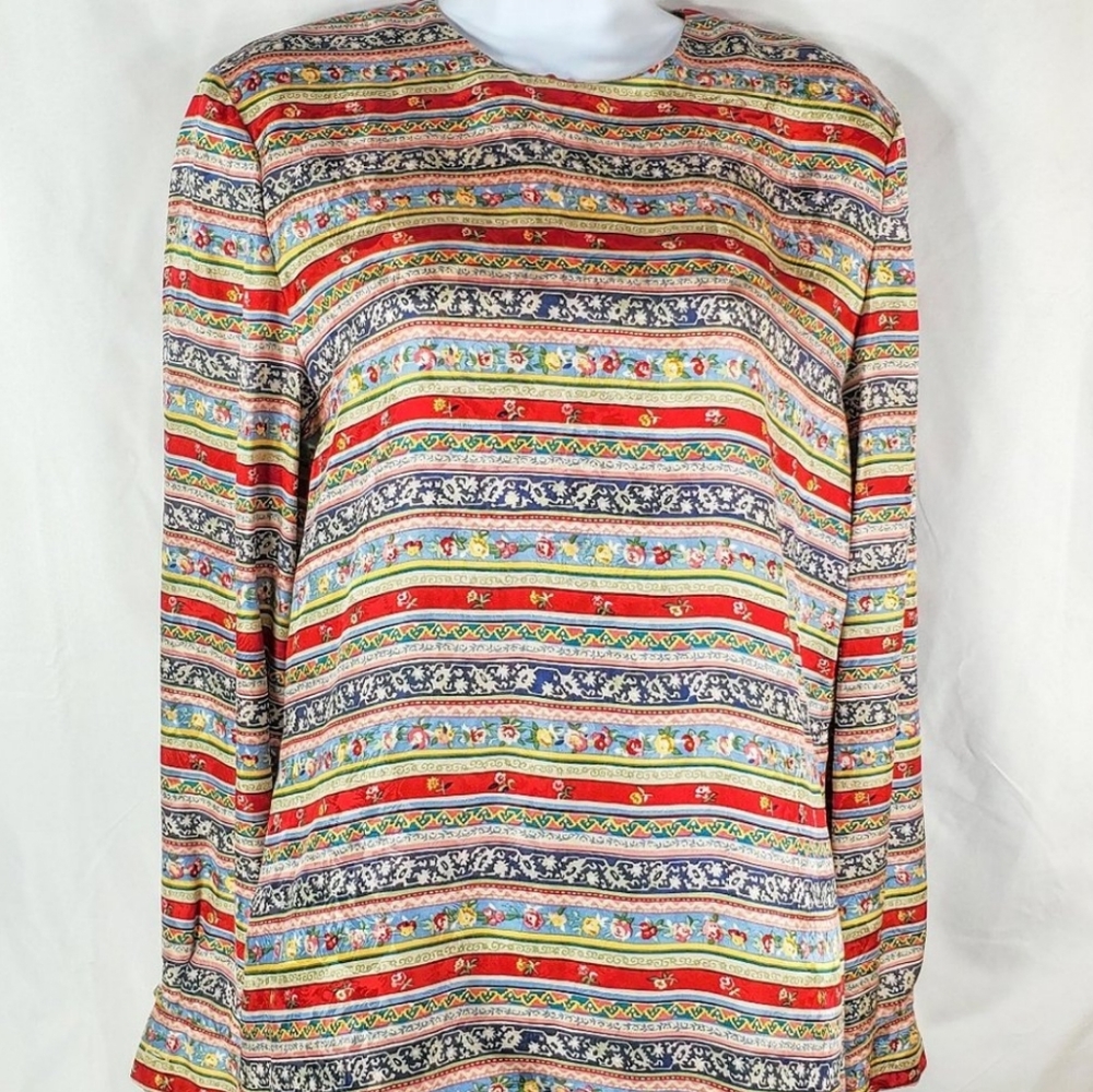 vtg 90s TALBOTS floral stripe silk blouse 4 multicolor long sleeve button back S